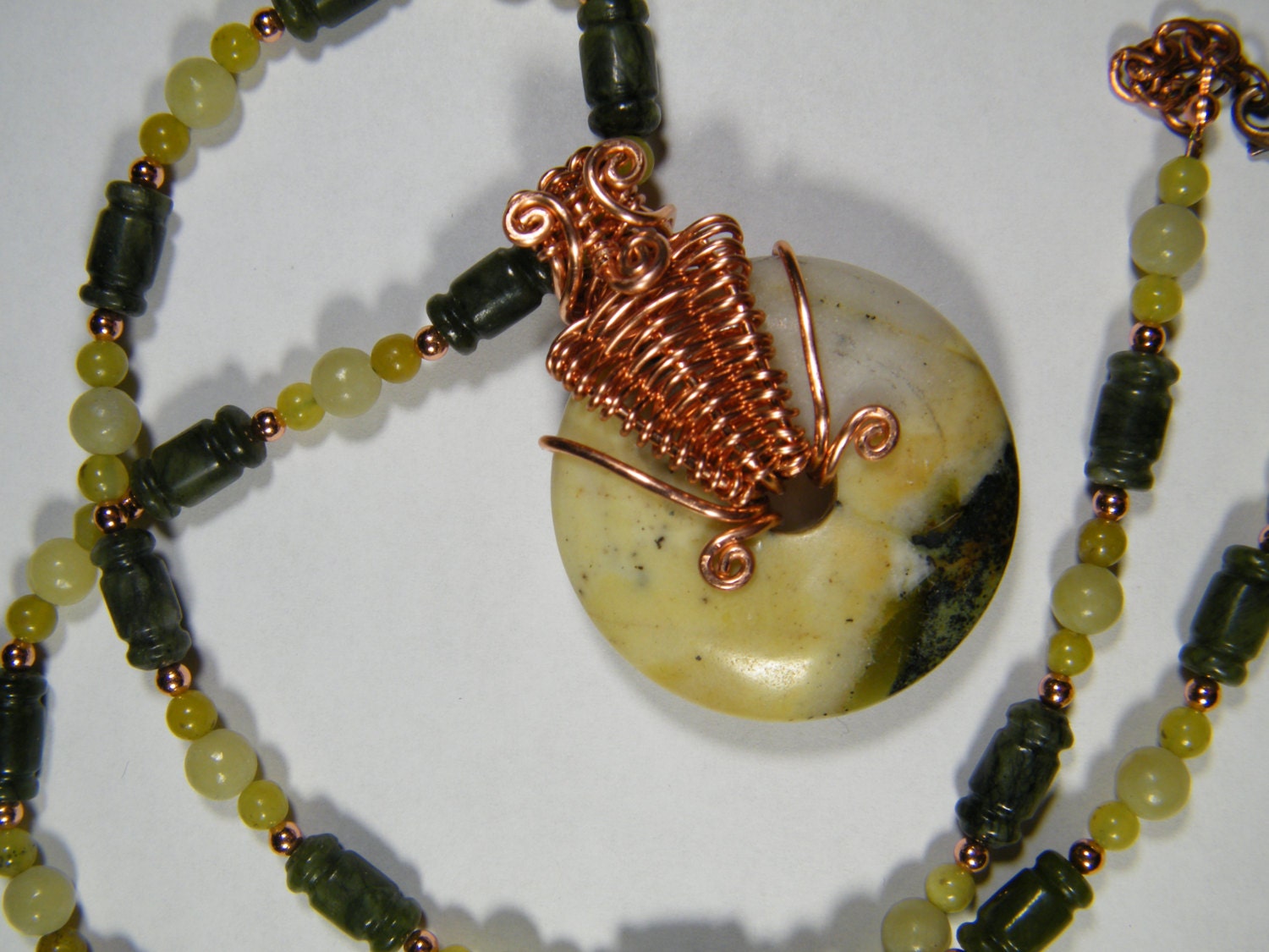 Natural Serpentine wire wrapped beaded necklace