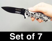 Set of 7 Custom Personalized Engraved Silver Skull Pocket Knives, wedding, groomsmen, birthday, special occasion gift