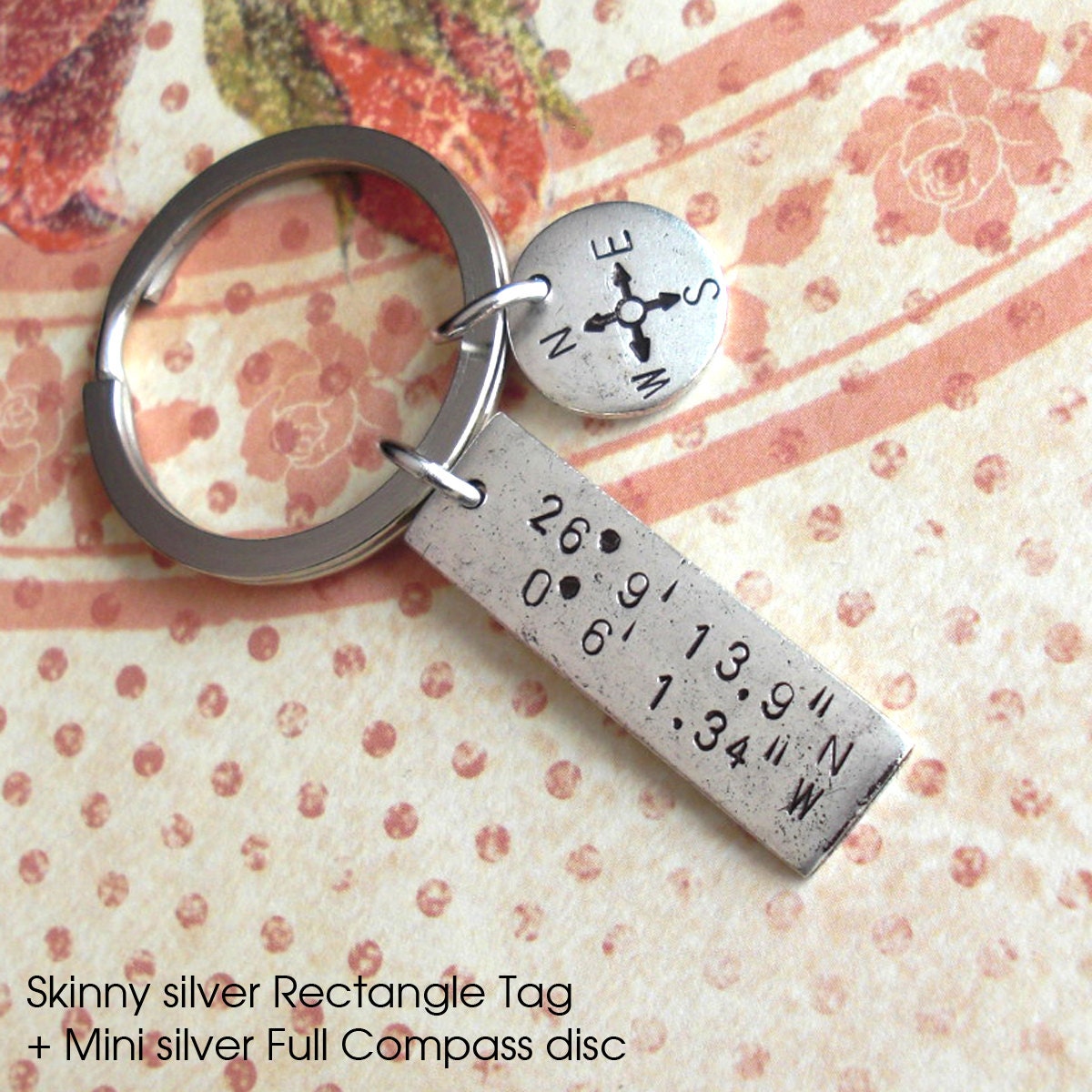 Double Charm Keychain . GPS Coordinates & Mini Compass . Hand Stamped . custom Lat/Long antiqued metal . Copper, Silver, Gold . Father's Day