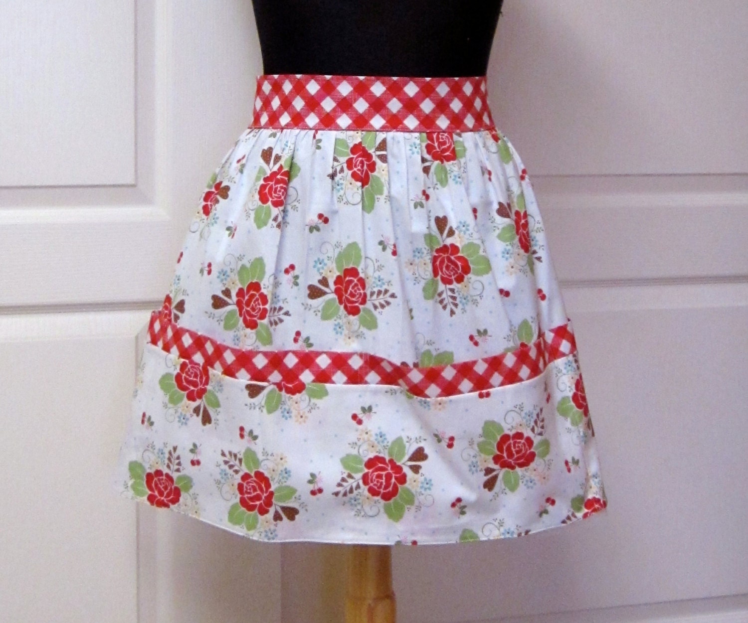 Vintage Retro Half Apron, Red Flowers - Womens Cute Kitchen Apron - Flair for Cooking Waist Aprons - Ready to Ship