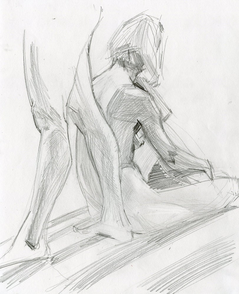 Original Drawing Nude  Female Graphite Figure Gesture Sketch - Shalyn and Lisa at Studio Larose