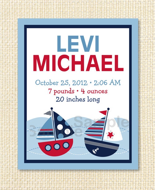 Nautical Sailboat Printable Nursery Wall Art Birth Stats