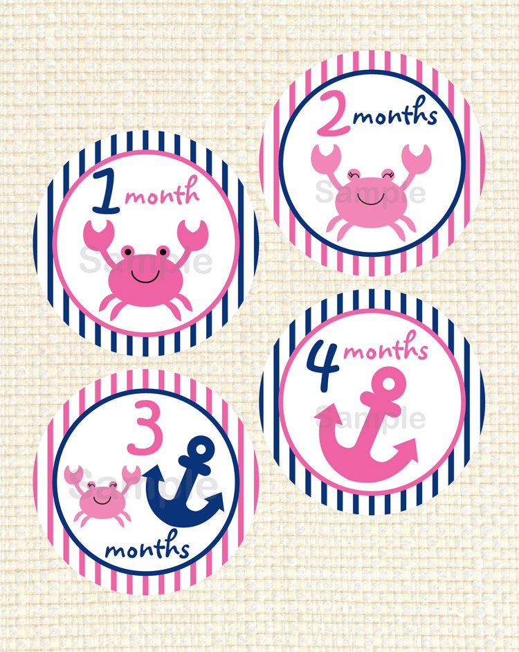 Nautical Pink Crab PRINTABLE Monthly Onesie Sticker Designs Instant Download Il_170x135