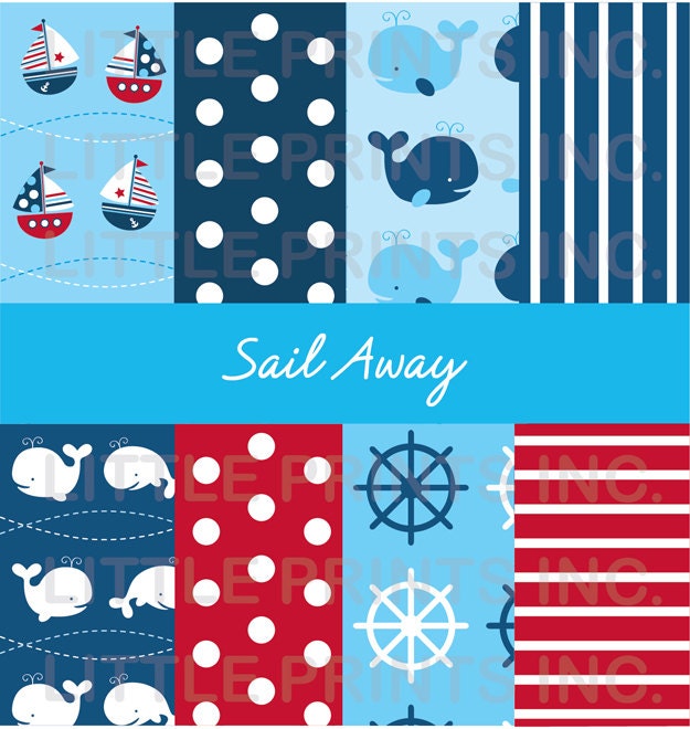 Nautical Whale Sailboat Printable Paper Digital Paper INSTANT DOWNLOAD Il_570xn