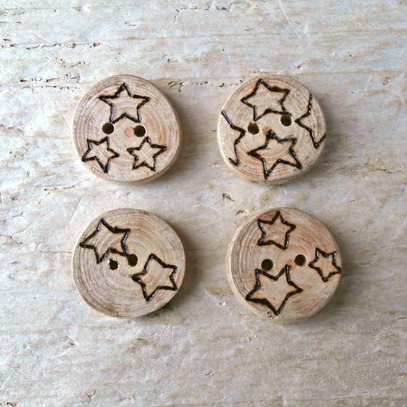 Button Sale - Star Sewing Buttons - Set of 4 - Small Handcrafted Wood Buttons