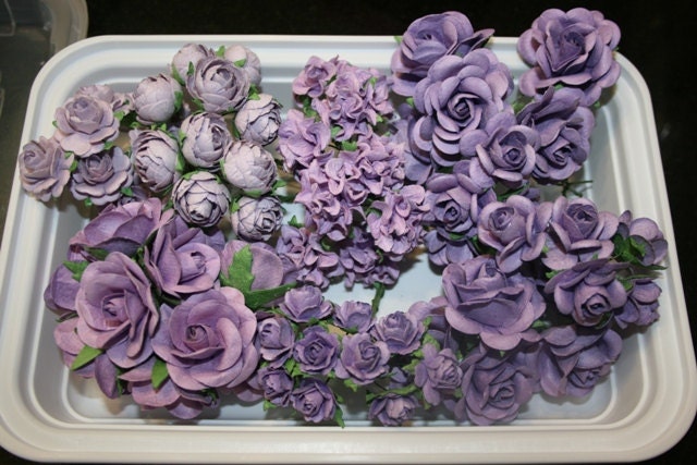 70 Beautiful shabby chic  Purple colored mulberry paper flowers and roses plus reusable plastic case