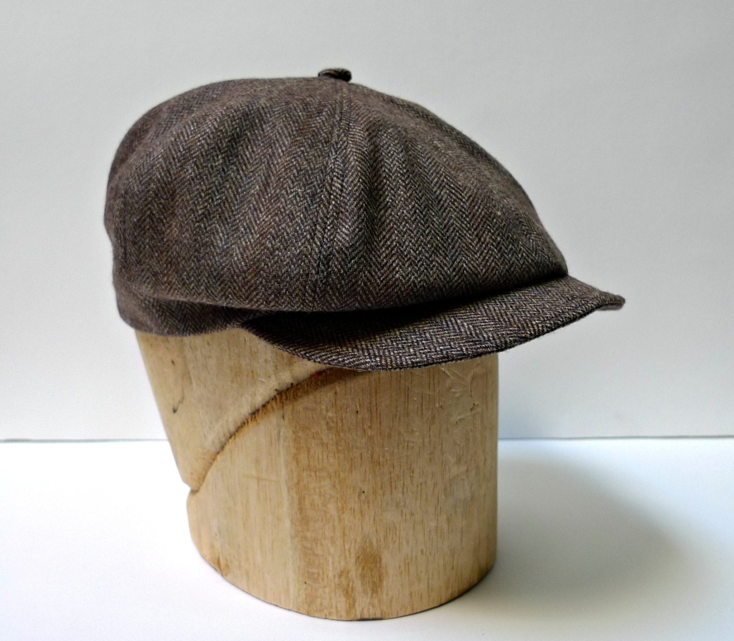 Men's Newsboy Cap in Vintage Brown Herringbone Wool - Made to Order in Your Size