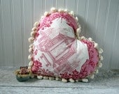 Pink Toile and Chenille Heart Pillow, Decorative Pillow, Cottage Chic, Magenta, Bright Pink, Zig Zag, Garden Print, Home Decor, Feminine