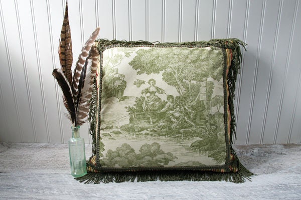 Green Toile Pillow Cover, Decorative Pillow, Striped, Stripes, Red, Gold, Cream, French Country, Cushion Case, Home Decor, Cottage Style