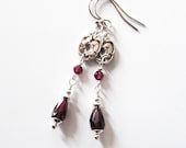 Rhodolite Garnet Gemstone Earrings, Fine Silver Flowers, Art Nouveau Style