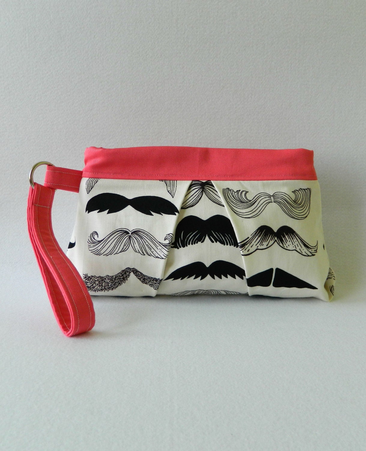 Black and White Mustache Wristlet Clutch with Pink Trim and Blue Zipper