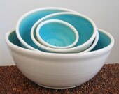 Turquoise Nesting Bowls - Large Set of Stoneware Pottery Serving Bowls