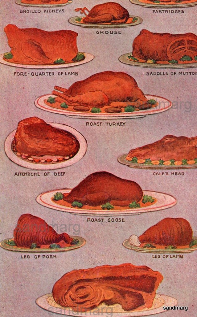 Antique 1896 Chart of  Lamb Mutton Partridge Beef Goose Pork Ham Meats