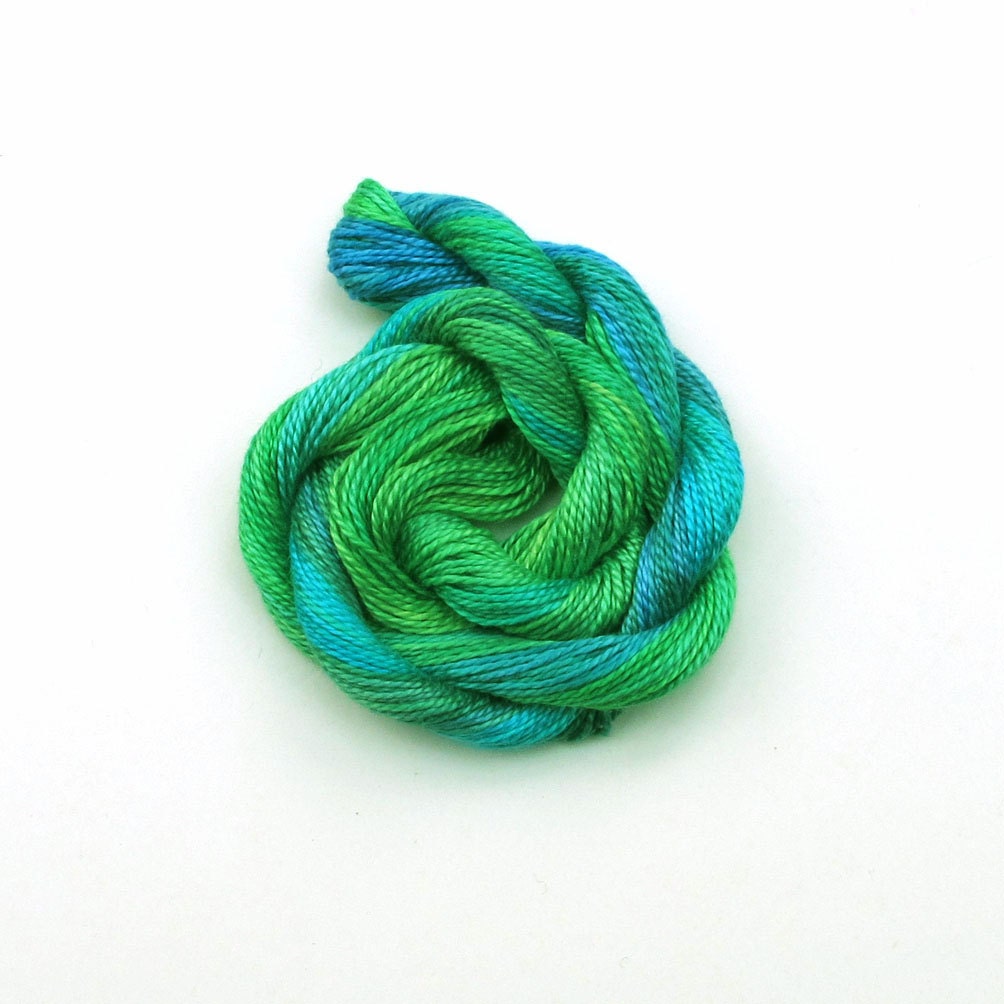 Hand dyed cotton perle 8 embroidery thread, 30m skein - bright green, emerald, turquoise, blue, peacock