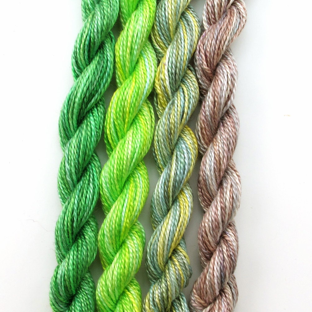 Hand dyed cotton perle 8 embroidery yarn, 4 mini skeins - emerald green, lime, sage green, pale yellow, beige, light brown, grey