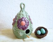 Ceramic Birdhouse Covered with Handmade Flowers and Vines Gardening Garden Art Handcrafted Pottery Gift for Gardener Green Purple