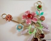 Pink Enamel Flower Pendant Leaves Focal Rhinestone - 1 pc - 5979-M