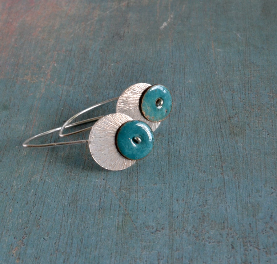 Round and round - sterling silver textured discs with turquoise enameled copper discs