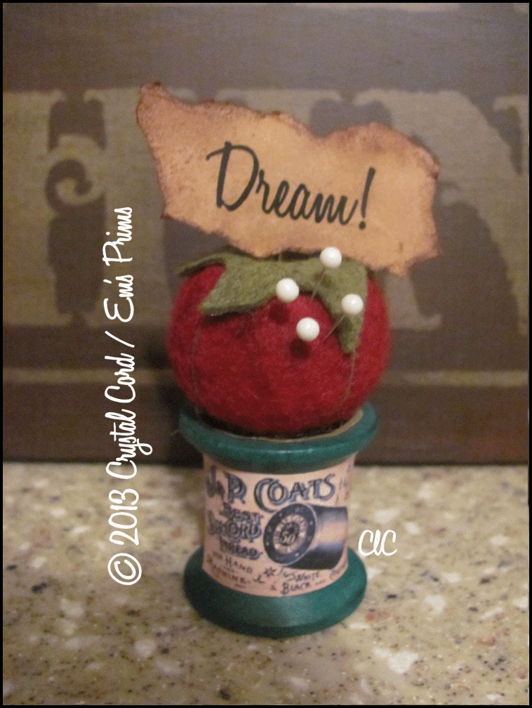 Whimsy pincusion pinkeep Tomato Primitive on a vintage spool country decor