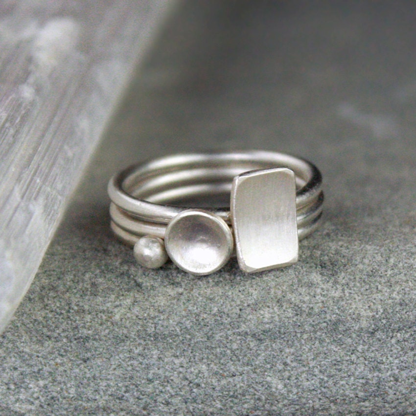 Geometric Stacking Silver Rings - Minimalist, Mod, Stack of 3