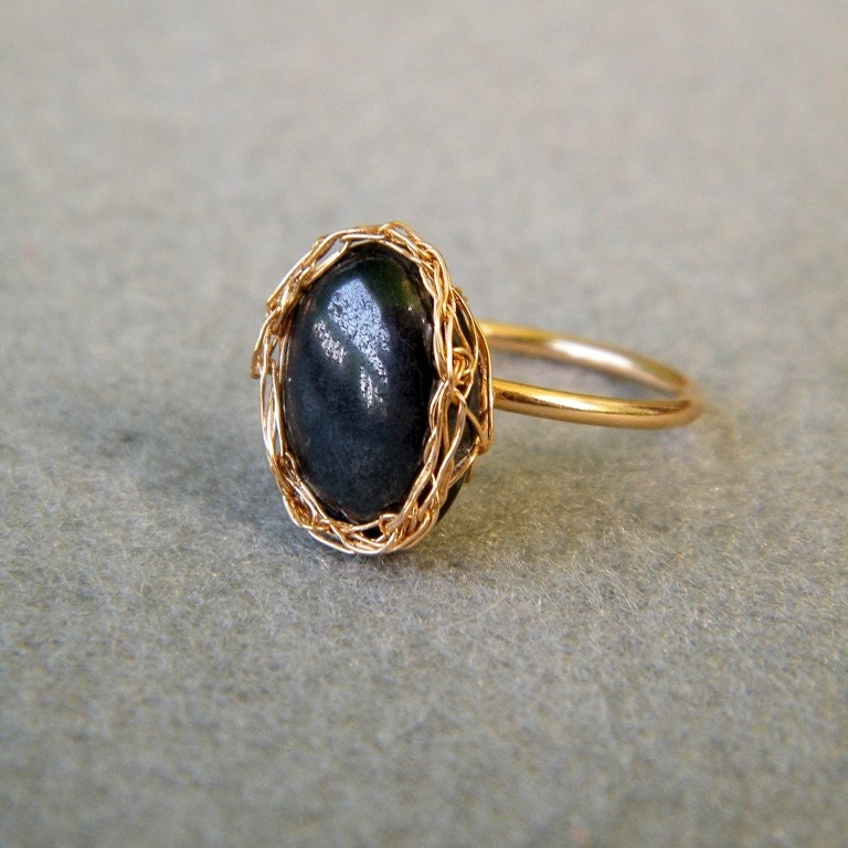 Gold Hematite Ring, Crochet Gold Filled Wire, Size 7, Hematite Gemstone Ring, OOAK