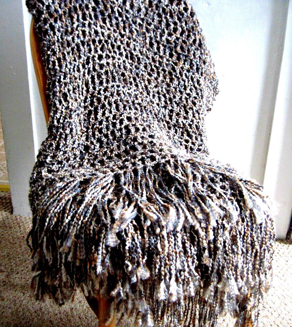 Crocheted Afgahn Throw Blanket  with Fringe- Multicolored, Gray, Brown, Off White, Blanket, Afghan, Home Decor, Neutral, Interior Design
