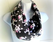 Skull and Cross Bones Infinity Scarf, Black White and Pink Loop Scarf, Skeleton girl with a pink bow and heart shaped eyes