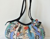 Zippered Japanese kimono Mini granny bag, Linen and cotton blend Rabbit in blue