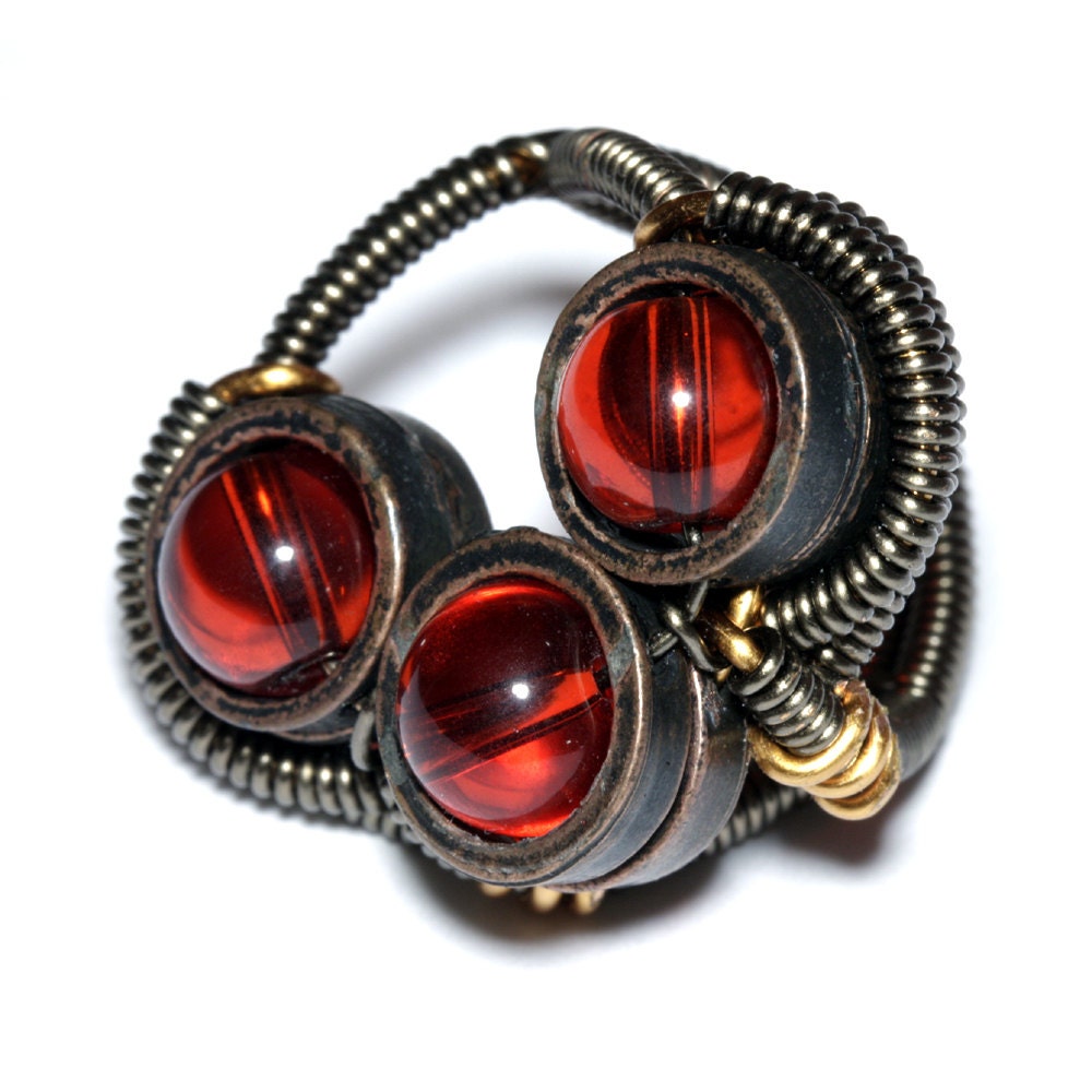 Steampunk Jewelry - Ring - 3 Red - SIZE 8 ONLY