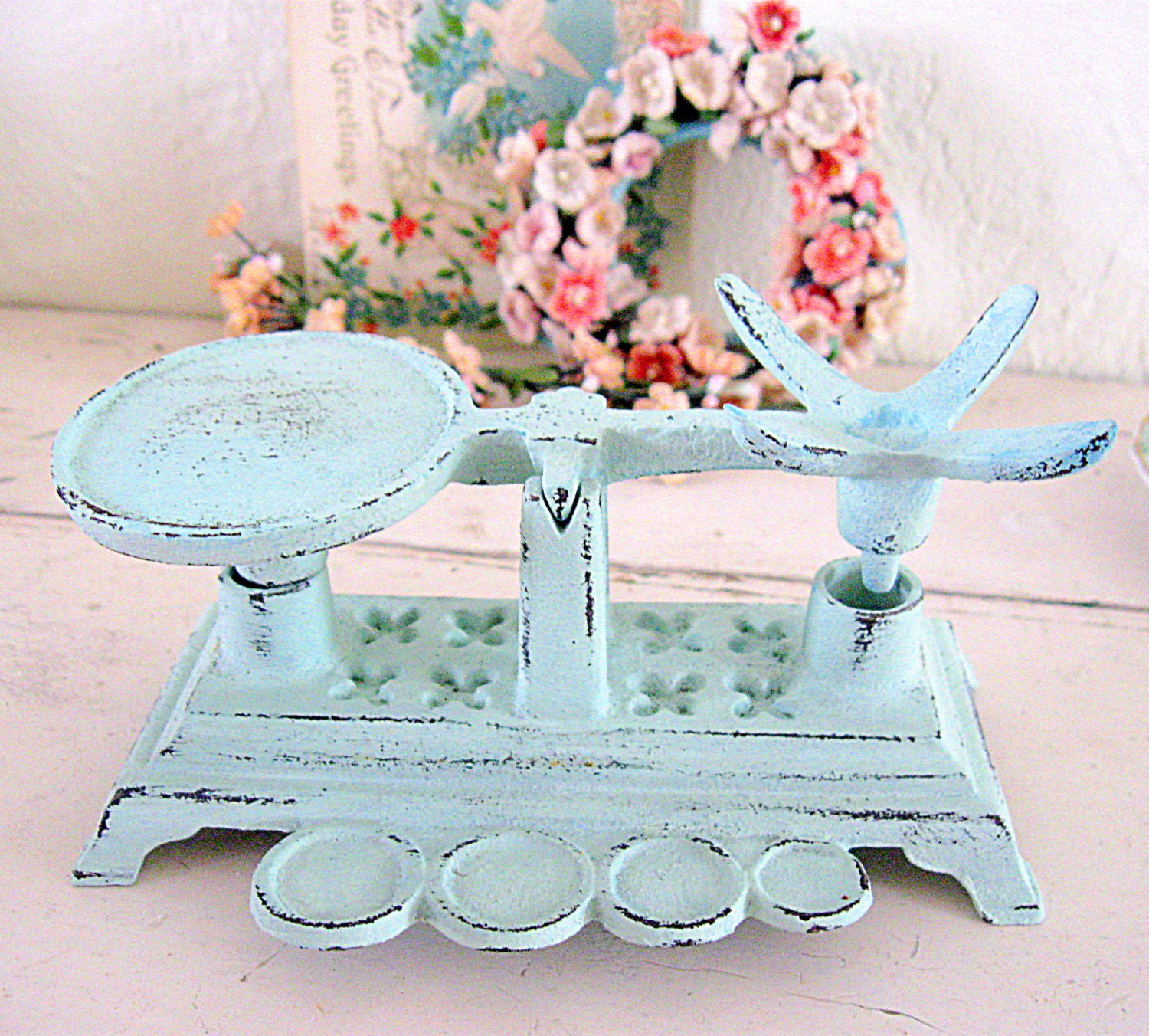 Vintage Aqua Blue Cast Iron Kitchen Scale