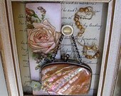 Tiny Vintage Miniature Antique Mother of Pearl Purse in Wooden Frame