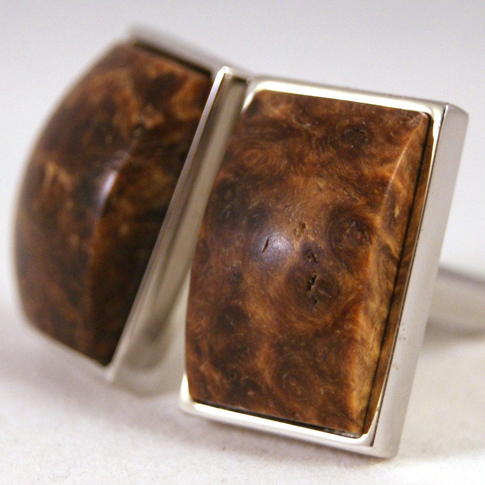 Wood Cufflinks - Canadian Black Ash Burl in Sterling Silver Bezel cuff links (CL-554)