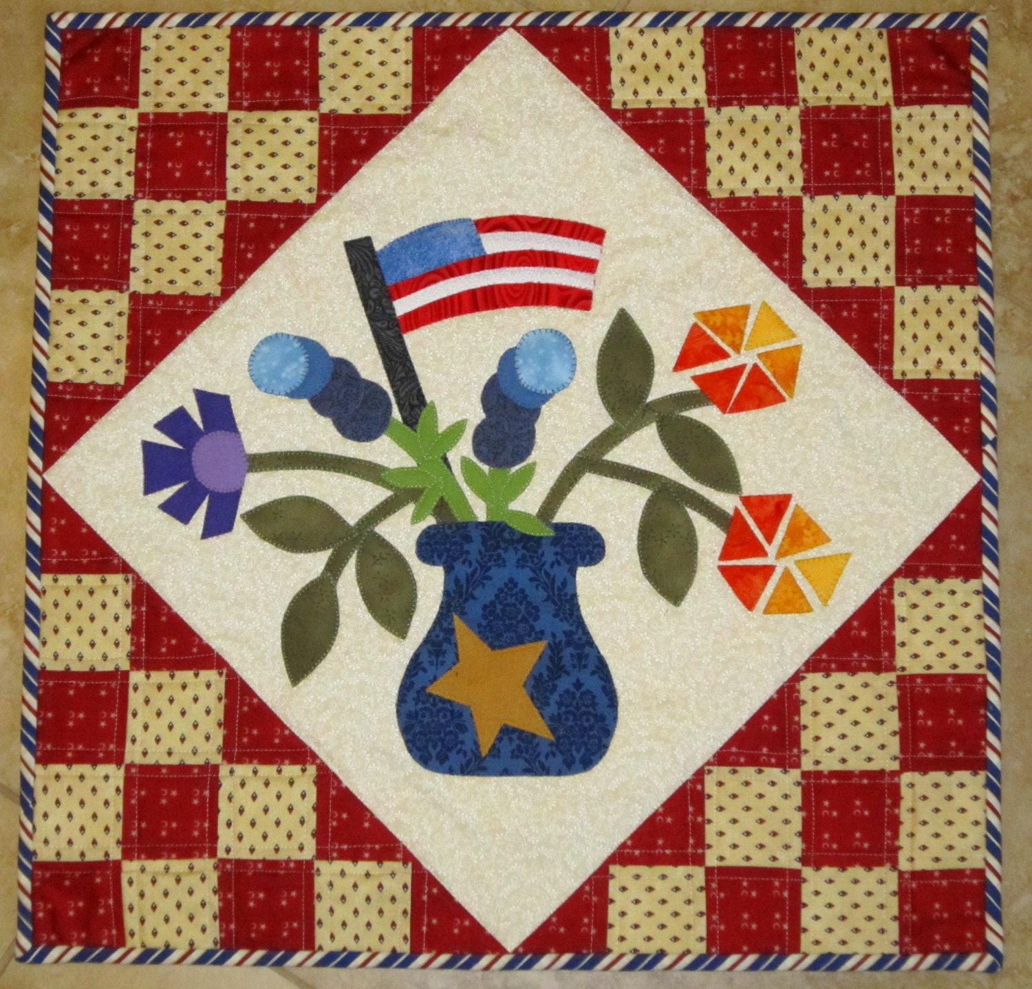 FLAGS and FLOWERS Originial Quilt from Quilts by Elena Wall Hanging