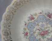 3 Charming Limoges Lyric Soup Bowls - Blue Pink Floral Medallion Dishes - 33K Gold Gilt Filigree Rim - USA - Shabby Cottage Chic Set