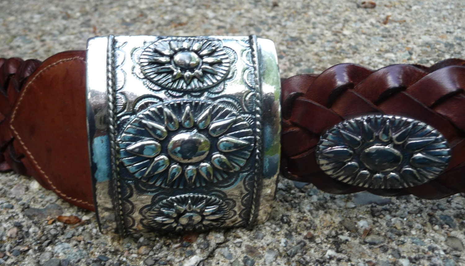 Brown Braided Leather Belt - Fancy Silver Buckle - Designer Cole Haan - Womens Ladies - Vintage Southwestern Style - 2" Width XS 27 28 29