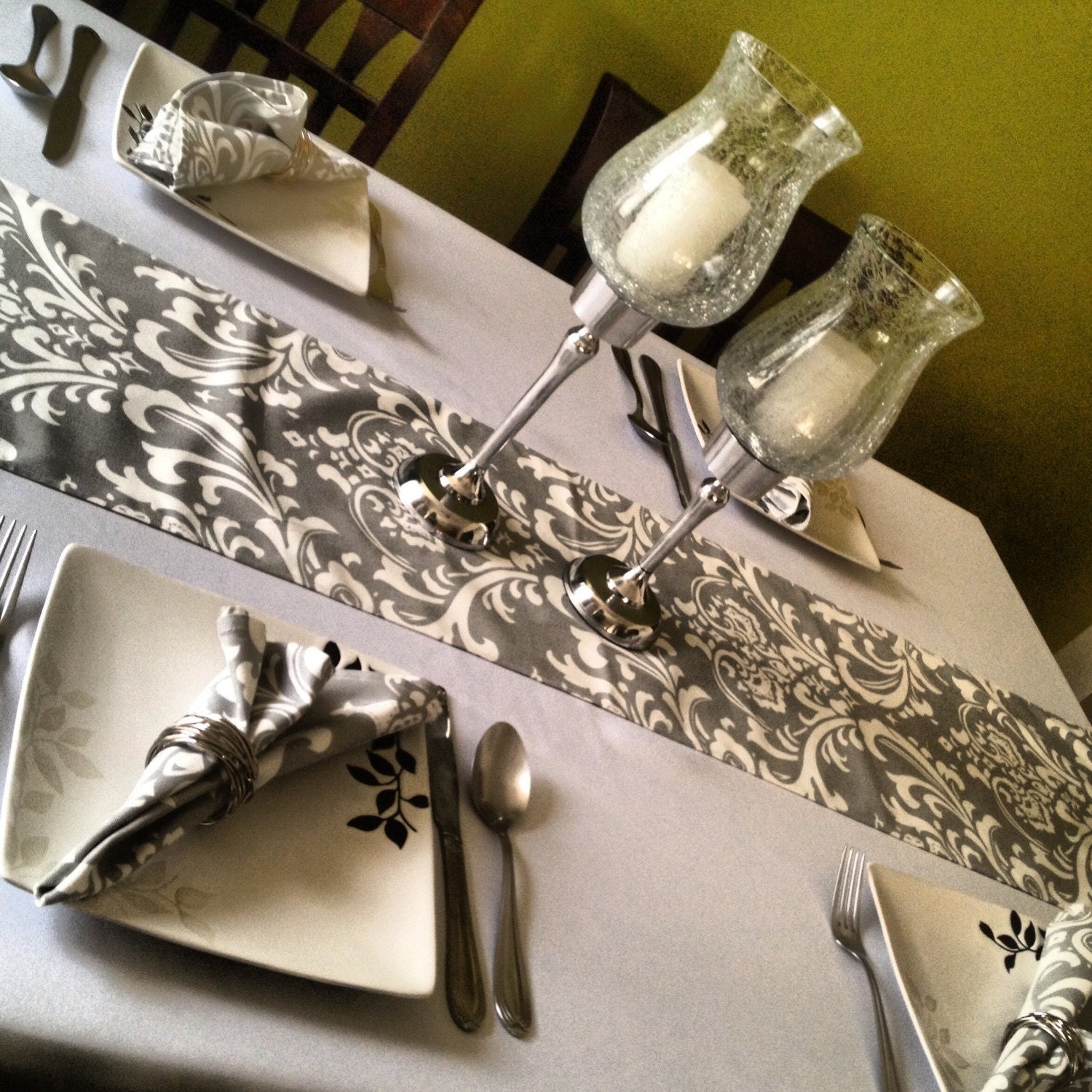 Items similar to TABLE RUNNER CHARCOAL Grey Osb Damask white on Dark