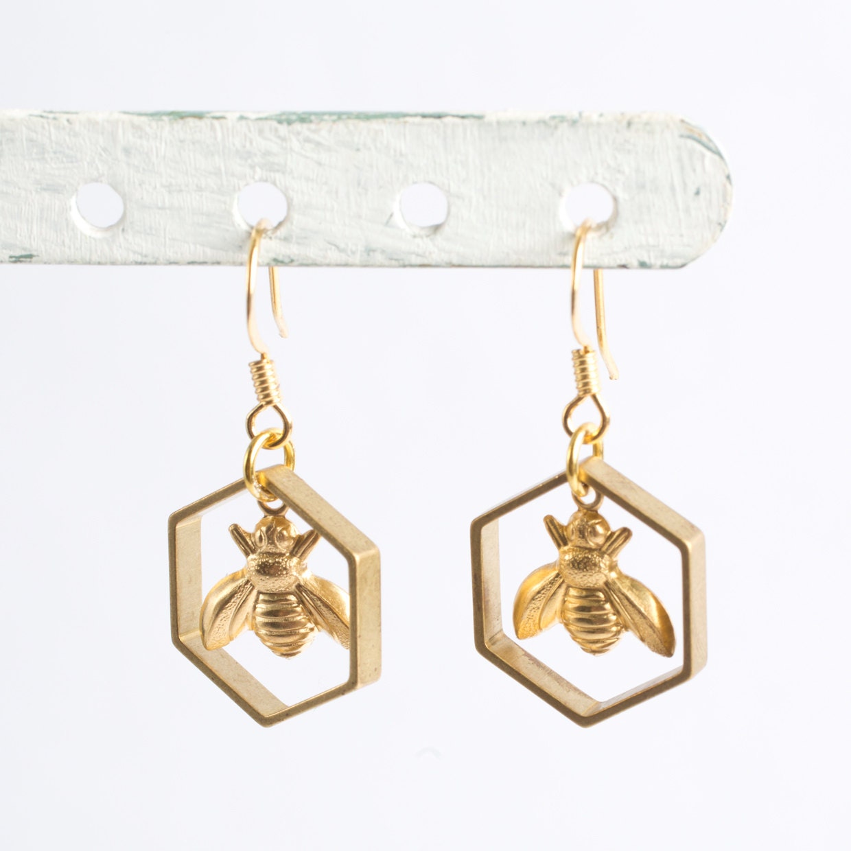 Honeybee in Hexagon Charm Earrings