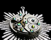 Steampunk Necklace- Industrial Wedding- Luxury Statement- Silver Clockwork- Vintage Watch Movement- Swarovski- Filigree- tasherajean- SPN32
