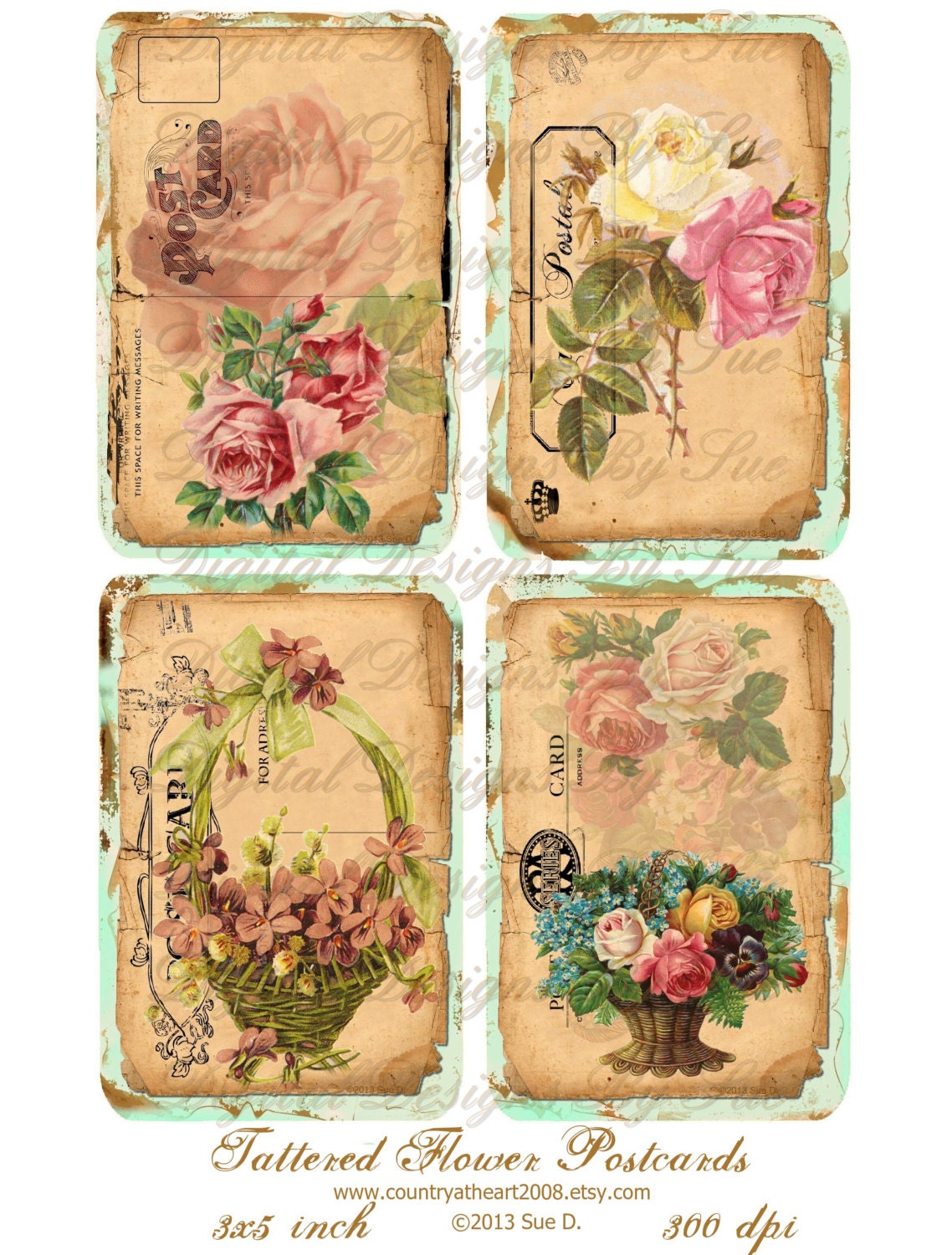 Tattered Flower Postcards - 3x5 - Printable  Digital Collage Sheet - Download Images - Tags - Romantic Vintage Woman - Ephemera