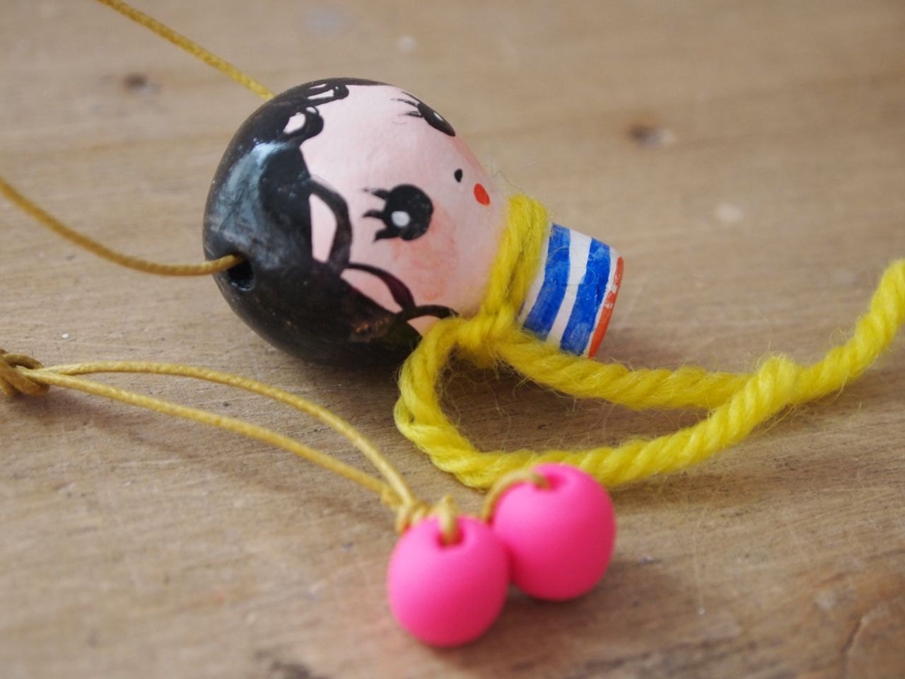 Hand painted little doll clay necklace wearable art