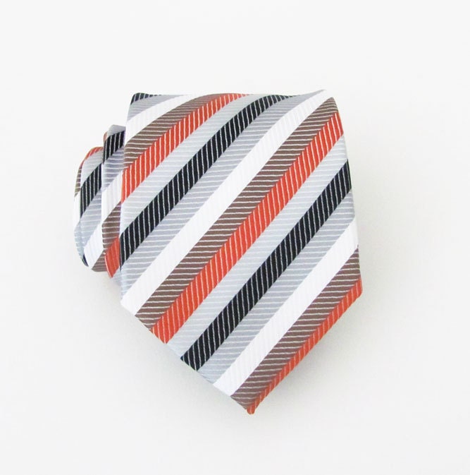 Mens Tie - Black Grey Orange Stripes Silk Necktie