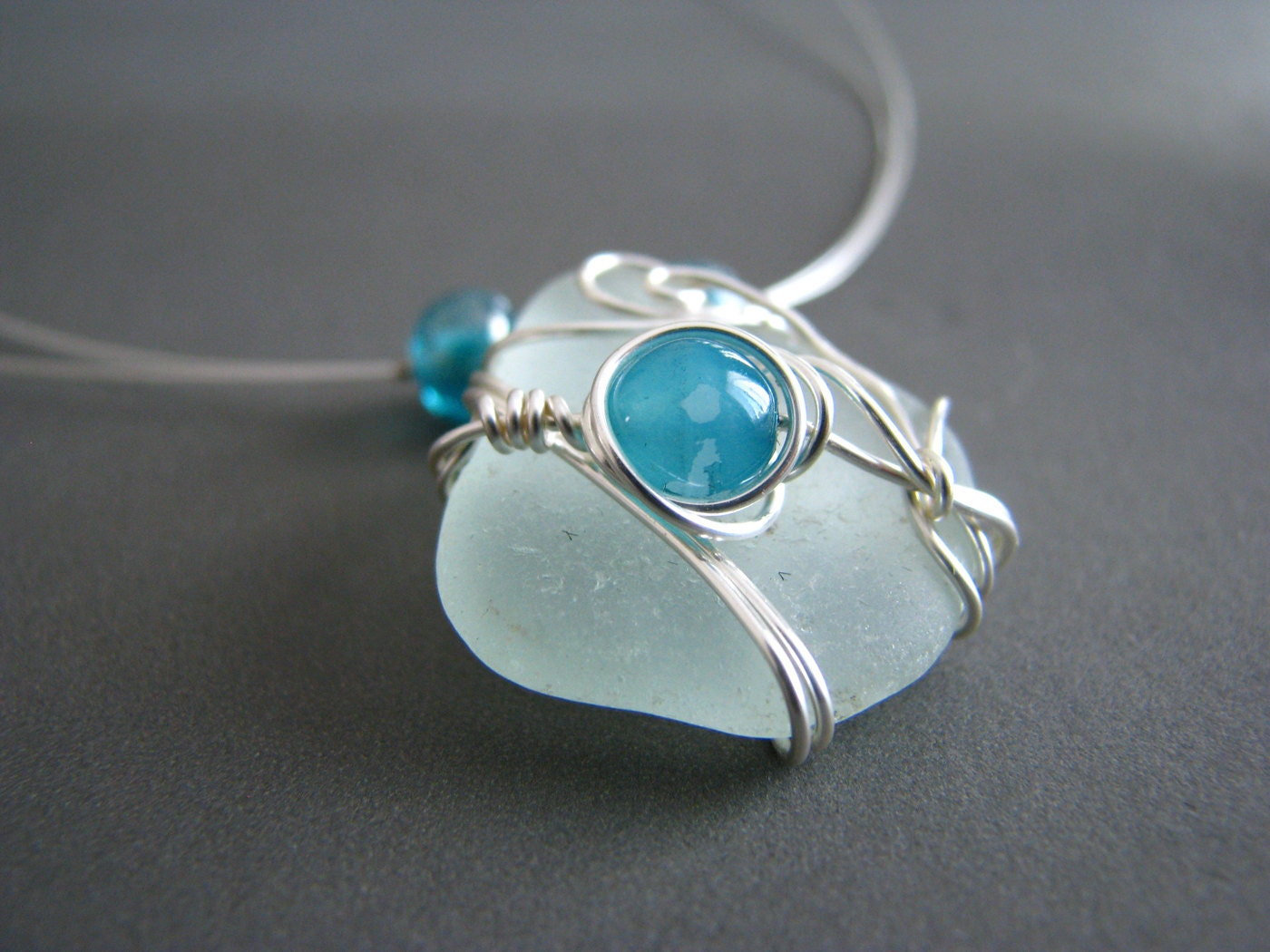 Seaglass Necklace - wire wrapped - white genuine seaglass with turquoise glass beads