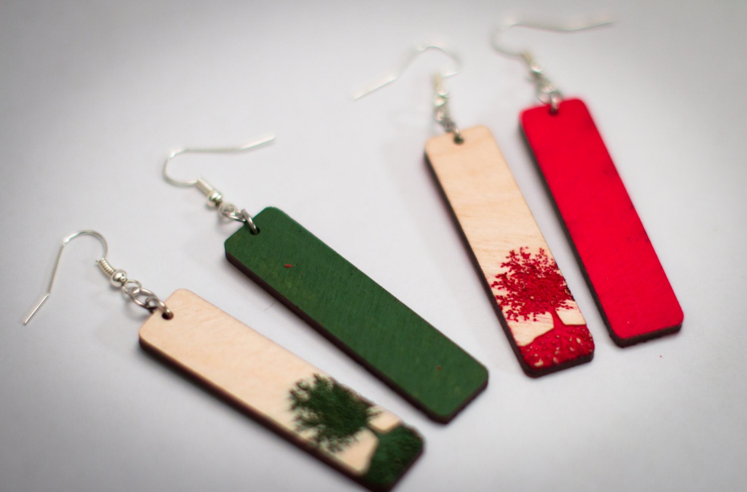 Painted Tree with Roots - Wooden Earring