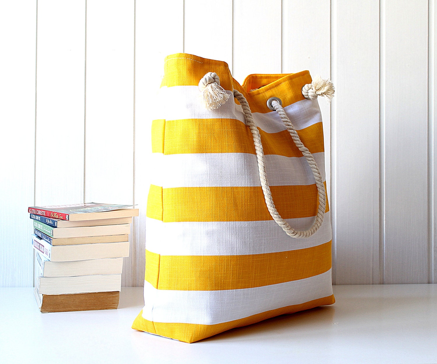 Sailor Tote Bag --for market or beach or gym-- -yellow and white bold striped, X-Large and cotton rope straps-