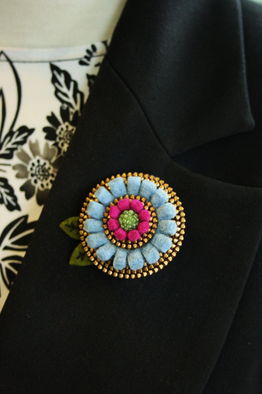 Merino wool felt flower and zipper  brooch