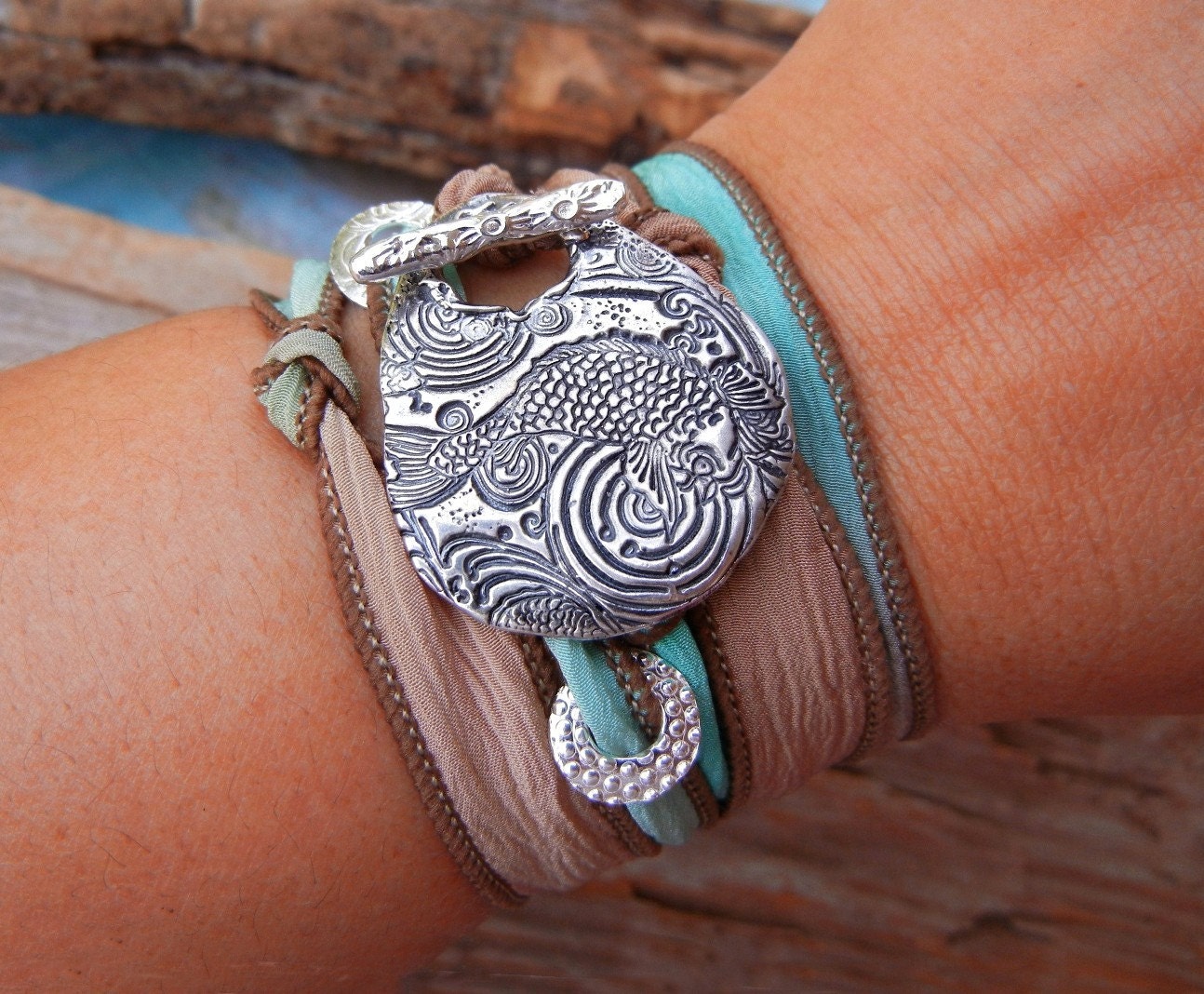 STERLING SILVER Jewelry, Silk Wrap Bracelet, Yoga Jewelry, Summer Jewelry Fish Wrap Bracelet, Sterling Silver Cool Jewelry