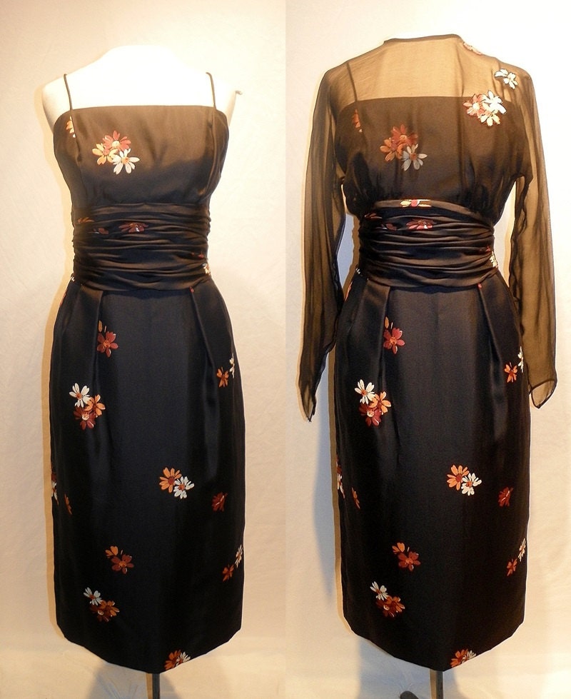 1950's Silk FLORAL Print Ruched Wiggle Dress Silk Chiffon Bolero Vintage 50's Daisy Appliques Couture Bombshell Party Dress Set