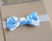 newborn baby toddler girls fabric bow headband - blue/green vintage floral bow - grey elastic