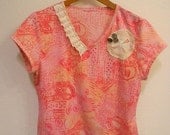 Spring Cleaning Sale Upcycled Fancy V-neck Top Pinks and Vintage Laces