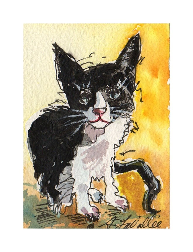 CuteTuxedo Cat ACEO Giclee Reproduction Print from original watercolor small art 3.5 X 2.5 - MyMaineVintage